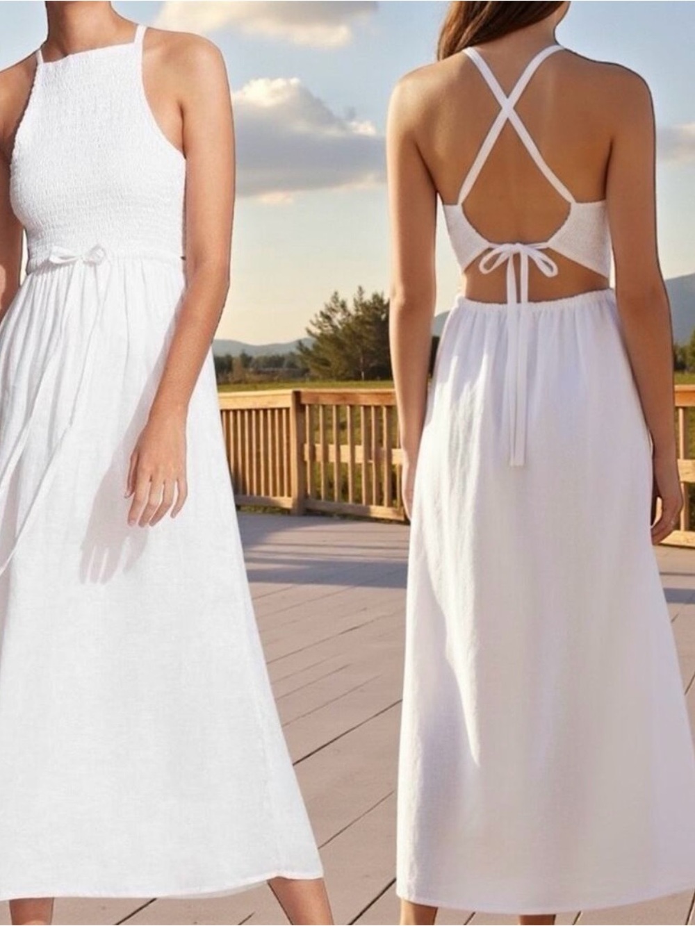 Faithfull the Brand White Smocked Backless Midi Dress with Cross Straps